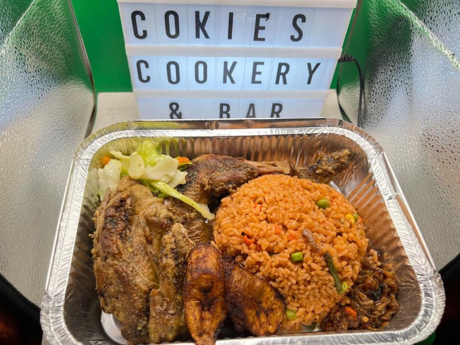 Cokie's signature takeaway: jollof rice, grilled chicken and plantain